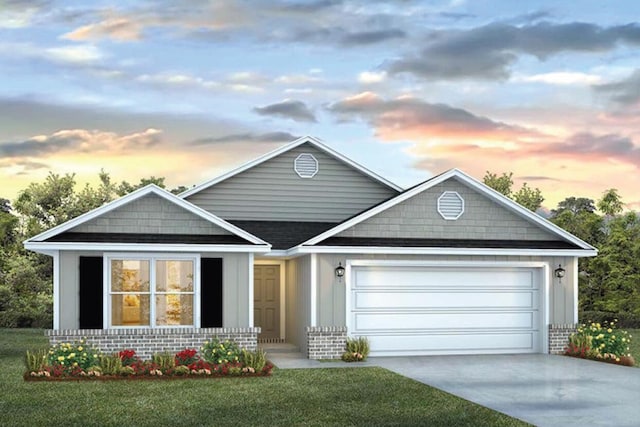 207 Eunola Ln, Freeport, FL 32439 - ranch-style house with concrete driveway, an attached garage, a lawn, and brick siding