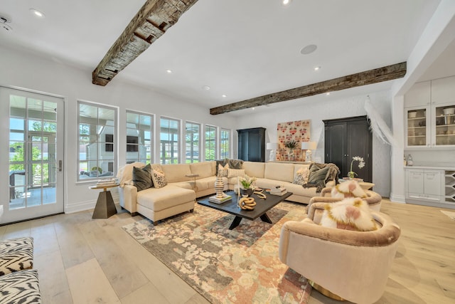 34 E Surfside Dr, Santa Rosa Beach, FL 32459 - living area with beam ceiling, light wood-type flooring, and recessed lighting