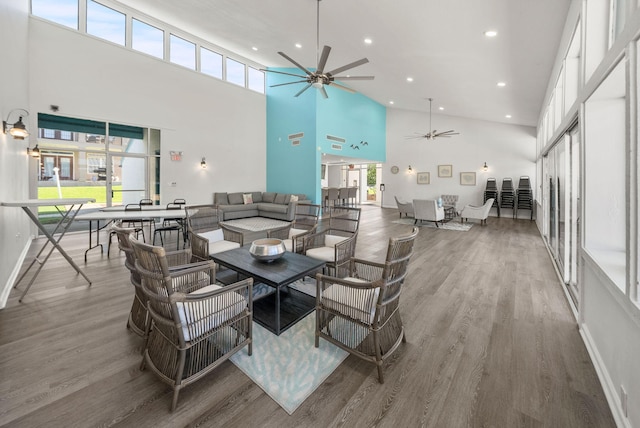 94 Terra Cotta Way, Destin, FL 32541 - dining area featuring a ceiling fan, high vaulted ceiling, healthy amount of natural light, wood finished floors, and recessed lighting