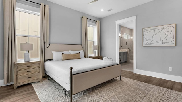 28 W Queen Palm Dr, Inlet Beach, FL 32461 - bedroom with light wood-type flooring, ensuite bath, and recessed lighting