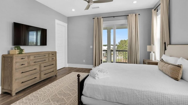 28 W Queen Palm Dr, Inlet Beach, FL 32461 - bedroom with access to exterior, dark wood-style flooring, recessed lighting, and a ceiling fan