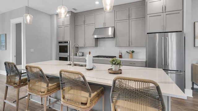 28 W Queen Palm Dr, Inlet Beach, FL 32461 - kitchen with stainless steel appliances, under cabinet range hood, gray cabinets, decorative light fixtures, and backsplash
