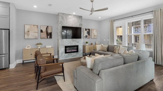 28 W Queen Palm Dr, Inlet Beach, FL 32461 - living room with ceiling fan, a fireplace, dark wood-type flooring, and recessed lighting