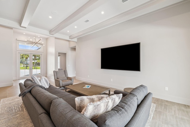 31 Driftwood Ct, Santa Rosa Beach, FL 32459 - living area featuring beam ceiling, a chandelier, recessed lighting, and french doors