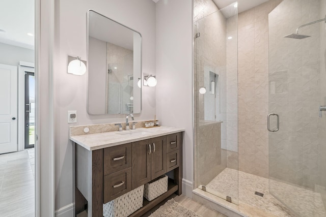 31 Driftwood Ct, Santa Rosa Beach, FL 32459 - bathroom featuring a stall shower, vanity, and wood finished floors