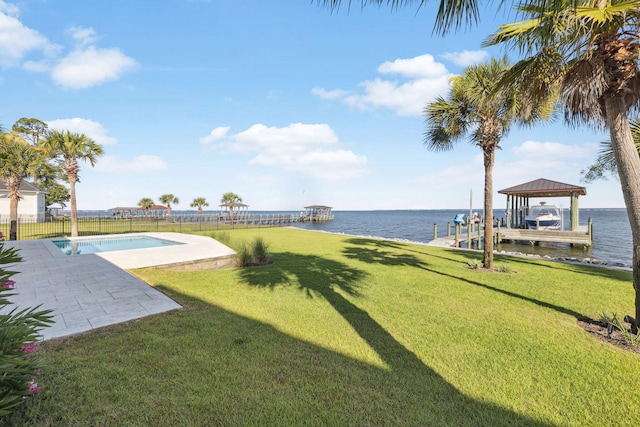 31 Driftwood Ct, Santa Rosa Beach, FL 32459 - view of yard featuring a water view, boat lift, a dock, and a patio