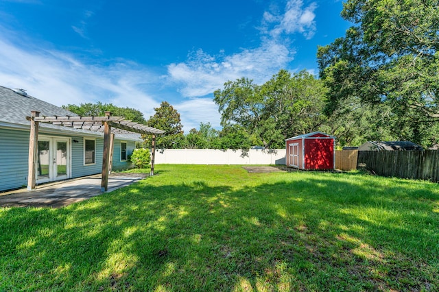 8562 Vehlin Ct, Navarre, FL 32566 - fenced backyard with a pergola, a storage shed, french doors, and a patio