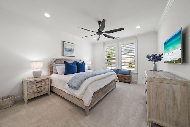 8324 Fins Up Ct, Panama City Beach, FL 32413 - bedroom featuring ornamental molding, recessed lighting, light carpet, and a ceiling fan