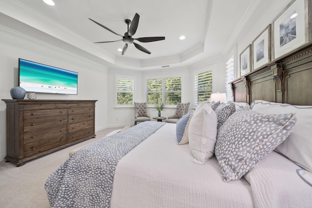 8324 Fins Up Ct, Panama City Beach, FL 32413 - bedroom with a tray ceiling, carpet, recessed lighting, crown molding, and ceiling fan