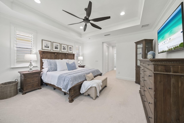 8324 Fins Up Ct, Panama City Beach, FL 32413 - bedroom with a tray ceiling, light colored carpet, crown molding, recessed lighting, and a ceiling fan