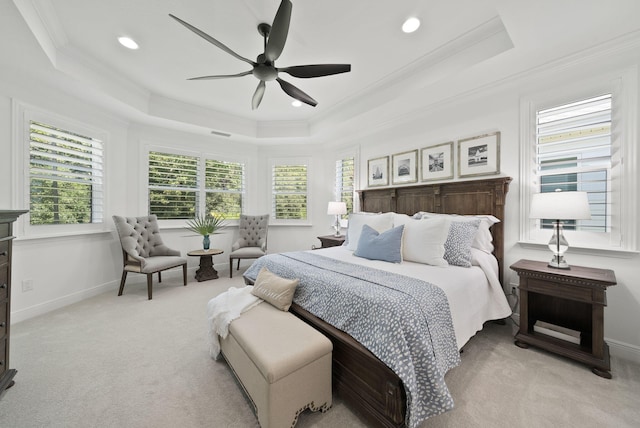 8324 Fins Up Ct, Panama City Beach, FL 32413 - bedroom with a raised ceiling, crown molding, light carpet, recessed lighting, and a ceiling fan