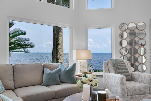 961 Northshore Dr, Miramar Beach, FL 32550 - living area featuring a water view and a high ceiling