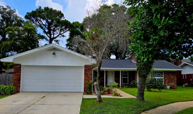 726 Clark Dr, Fort Walton Beach, FL 32547 - ranch-style home featuring brick siding, concrete driveway, an attached garage, and a chimney