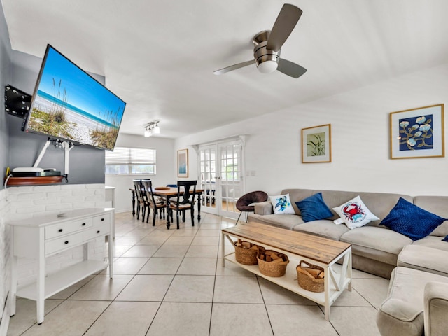 92 Tarpon St, Destin, FL 32541 - living room featuring a ceiling fan, light tile patterned flooring, and french doors