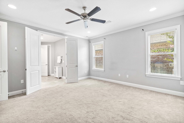 129 Meadow Lake Dr, Freeport, FL 32439 - unfurnished bedroom featuring ornamental molding, light carpet, recessed lighting, and ceiling fan