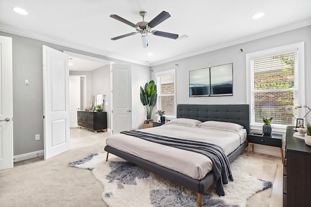 129 Meadow Lake Dr, Freeport, FL 32439 - bedroom with recessed lighting, ornamental molding, ceiling fan, and light colored carpet
