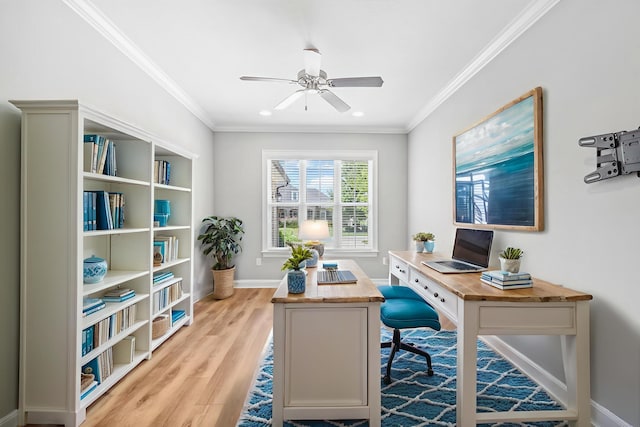 129 Meadow Lake Dr, Freeport, FL 32439 - office area with ceiling fan, crown molding, light wood-type flooring, and recessed lighting