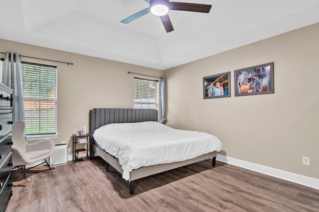 653 Territory Ln, Crestview, FL 32536 - bedroom with wood finished floors, a tray ceiling, and a ceiling fan