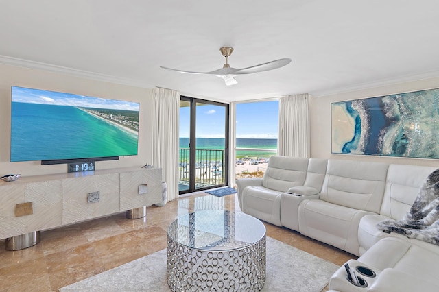 114 Mainsail Dr Unit 143, Miramar Beach, FL 32550 - living area with crown molding, ceiling fan, a water view, and floor to ceiling windows