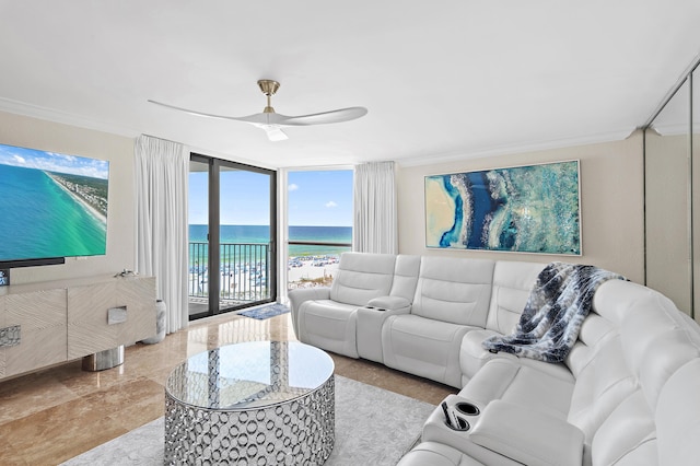 114 Mainsail Dr Unit 143, Miramar Beach, FL 32550 - living area featuring a water view, expansive windows, ceiling fan, and ornamental molding