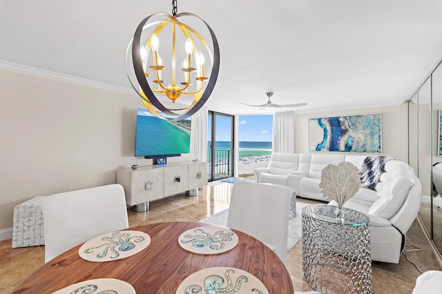 114 Mainsail Dr Unit 143, Miramar Beach, FL 32550 - living room with crown molding, a chandelier, floor to ceiling windows, and ceiling fan
