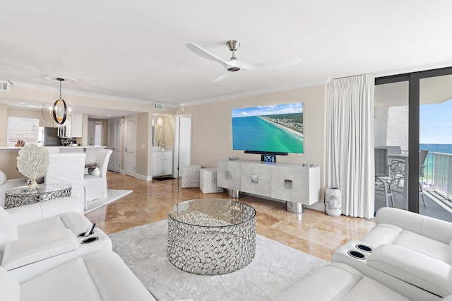 114 Mainsail Dr Unit 143, Miramar Beach, FL 32550 - living area featuring healthy amount of natural light, ornamental molding, and ceiling fan