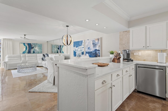 114 Mainsail Dr Unit 143, Miramar Beach, FL 32550 - kitchen with dishwasher, ornamental molding, a peninsula, open floor plan, and backsplash