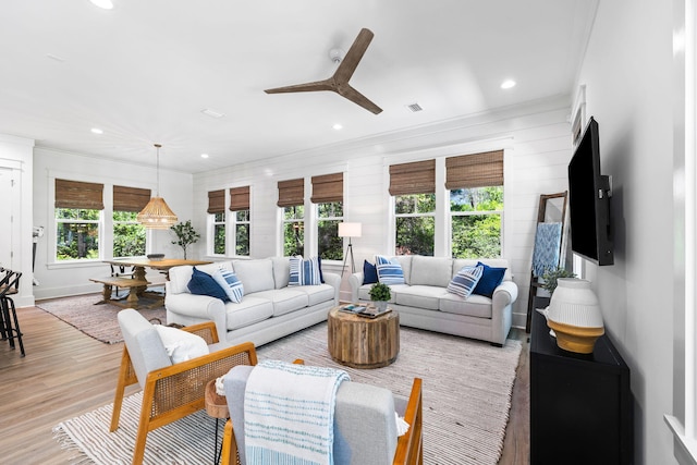 213 Spotted Dolphin Rd, Santa Rosa Beach, FL 32459 - living area featuring recessed lighting, ceiling fan, light wood-style floors, and crown molding