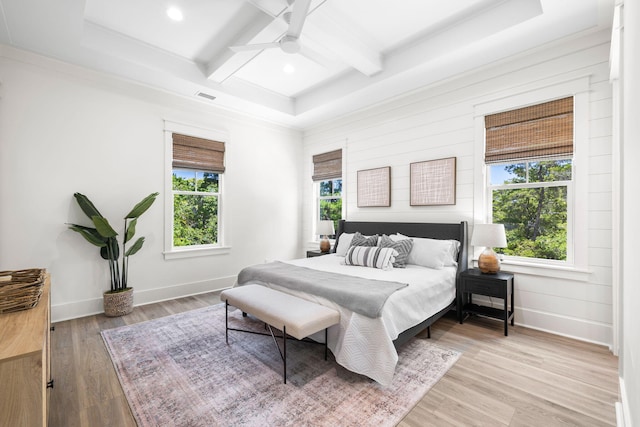 213 Spotted Dolphin Rd, Santa Rosa Beach, FL 32459 - bedroom with multiple windows, coffered ceiling, beam ceiling, light wood finished floors, and recessed lighting