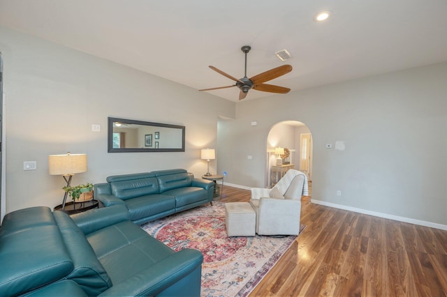 337 Peggy Dr, Crestview, FL 32536 - living room featuring arched walkways, wood finished floors, a ceiling fan, and recessed lighting