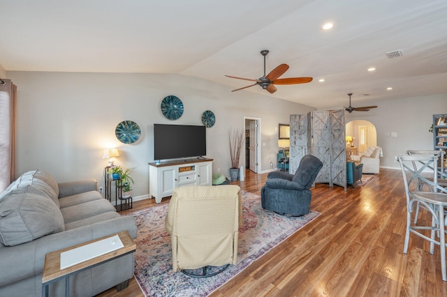 337 Peggy Dr, Crestview, FL 32536 - living room featuring arched walkways, a ceiling fan, vaulted ceiling, light wood finished floors, and recessed lighting