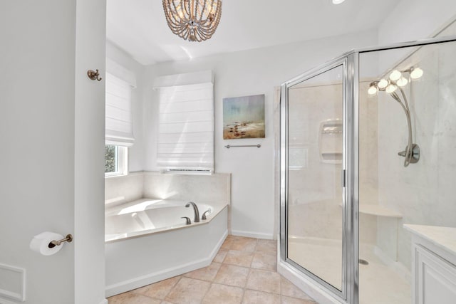 69 Lake Pointe Dr, Santa Rosa Beach, FL 32459 - full bath with a shower stall, a garden tub, a chandelier, and vanity