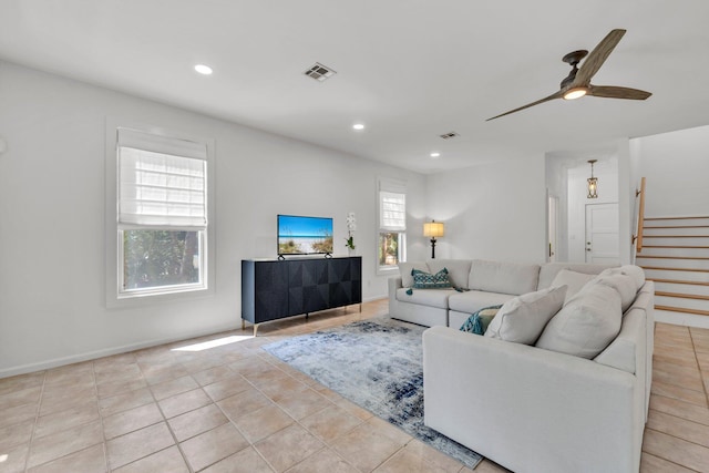 69 Lake Pointe Dr, Santa Rosa Beach, FL 32459 - living area featuring stairway, recessed lighting, a ceiling fan, and light tile patterned flooring