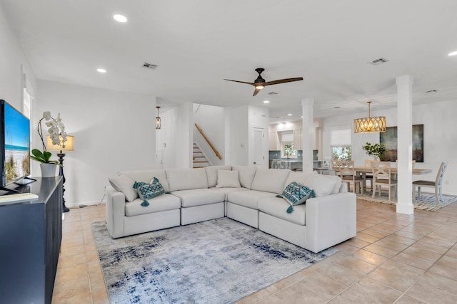 69 Lake Pointe Dr, Santa Rosa Beach, FL 32459 - living area featuring stairs, light tile patterned floors, recessed lighting, a ceiling fan, and decorative columns