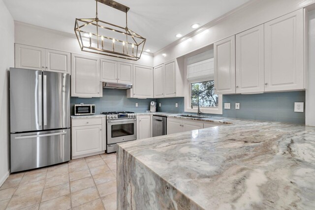 69 Lake Pointe Dr, Santa Rosa Beach, FL 32459 - kitchen featuring appliances with stainless steel finishes, crown molding, under cabinet range hood, light stone counters, and white cabinetry