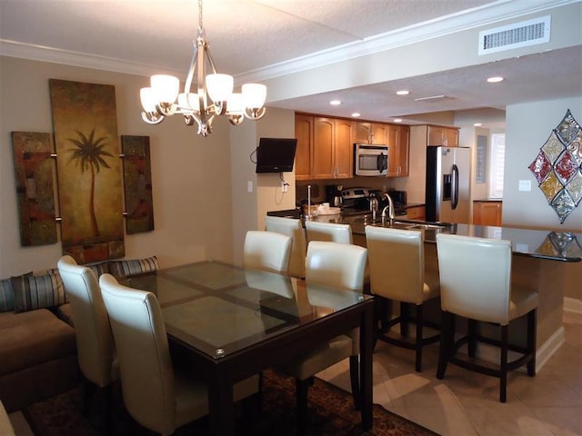 291 Scenic Gulf Dr Unit 1401, Miramar Beach, FL 32550 - dining room featuring crown molding, a chandelier, recessed lighting, and light tile patterned floors
