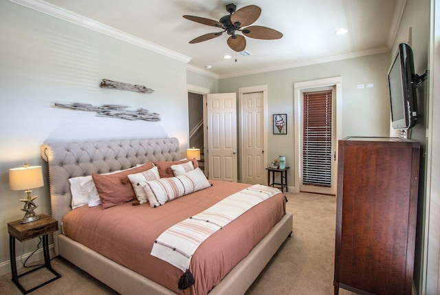 192 E Blue Crab Loop, Inlet Beach, FL 32461 - bedroom with light carpet, recessed lighting, crown molding, and ceiling fan