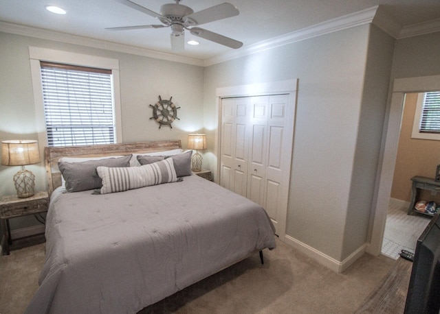 192 E Blue Crab Loop, Inlet Beach, FL 32461 - bedroom with carpet floors, a closet, ornamental molding, multiple windows, and recessed lighting