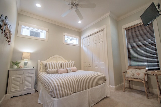 192 E Blue Crab Loop, Inlet Beach, FL 32461 - bedroom with light colored carpet, a closet, crown molding, a ceiling fan, and recessed lighting