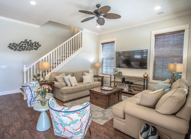192 E Blue Crab Loop, Inlet Beach, FL 32461 - living area with stairs, ceiling fan, crown molding, recessed lighting, and wood finished floors