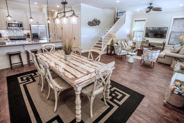 192 E Blue Crab Loop, Inlet Beach, FL 32461 - dining area with stairs, ornamental molding, recessed lighting, a ceiling fan, and dark wood-style floors