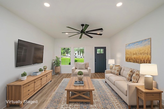 2940 Mccarty Ave, Crestview, FL 32539 - living room with a ceiling fan, wood finished floors, and recessed lighting