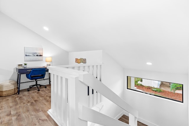 431 Linkside Cir, Miramar Beach, FL 32550 - stairs featuring lofted ceiling, wood finished floors, and recessed lighting