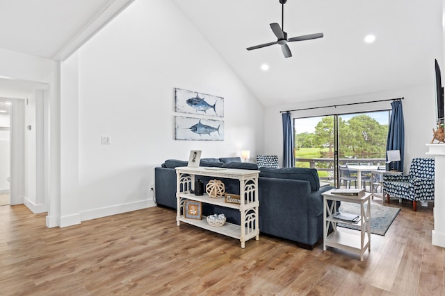 431 Linkside Cir, Miramar Beach, FL 32550 - living area featuring high vaulted ceiling, light wood finished floors, ceiling fan, and recessed lighting