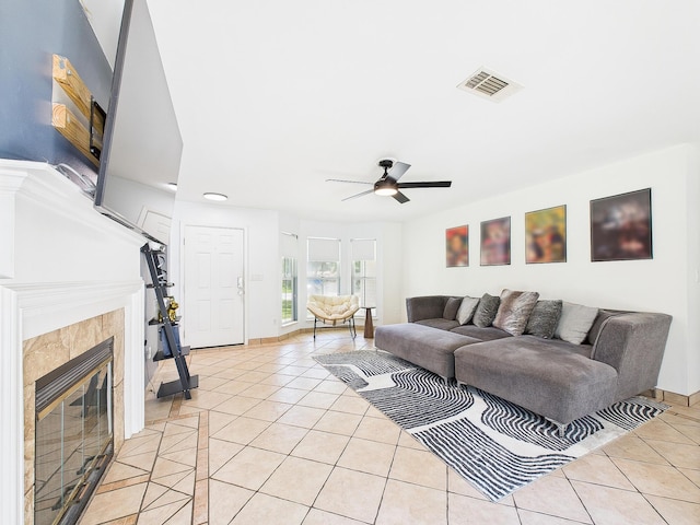 422 John King Rd, Crestview, FL 32539 - living room with light tile patterned floors, ceiling fan, a fireplace, and recessed lighting