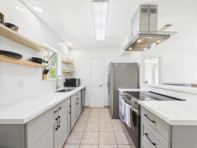 422 John King Rd, Crestview, FL 32539 - kitchen featuring open shelves, appliances with stainless steel finishes, range hood, gray cabinets, and recessed lighting