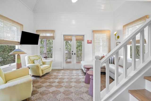 54 Roberts Way, Santa Rosa Beach, FL 32459 - living area featuring stairway, french doors, and carpet