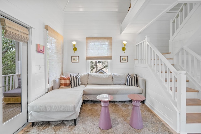 54 Roberts Way, Santa Rosa Beach, FL 32459 - living room with stairs and wood walls
