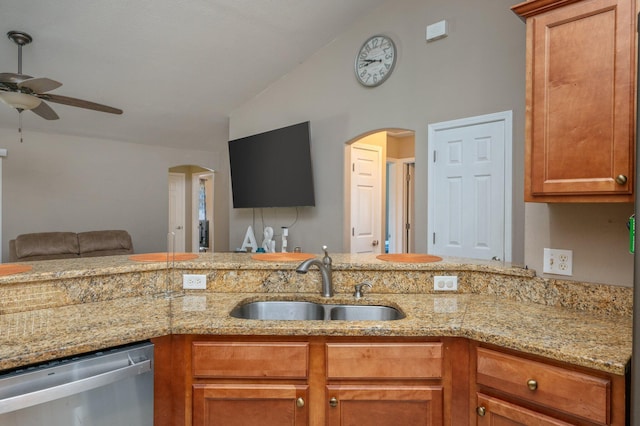 80 Azalea Trce, Defuniak Springs, FL 32433 - kitchen featuring stainless steel dishwasher, lofted ceiling, arched walkways, ceiling fan, and open floor plan