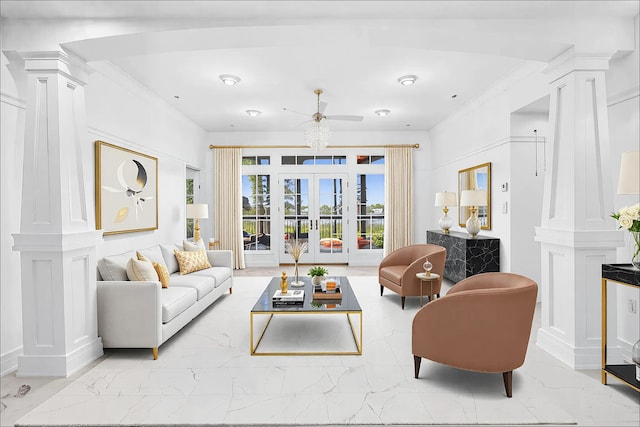 1101 Sawgrass Ct Unit 102, Panama City Beach, FL 32413 - living room featuring marble look tile flooring and decorative columns